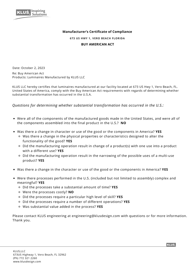 BUY AMERICAN ACT
CCERTIFICATE OF COMPLIANCE 